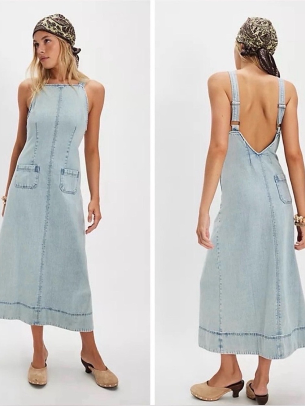 Free People Light Wash Backless Denim Midi Dress